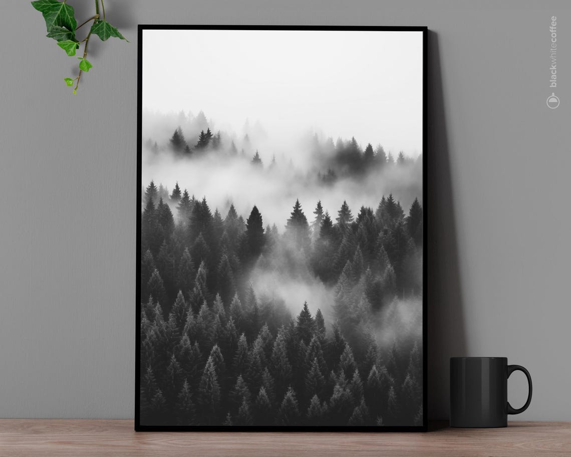 Foggy Pine Forest Mist Black and White Moody Landscape Art Poster