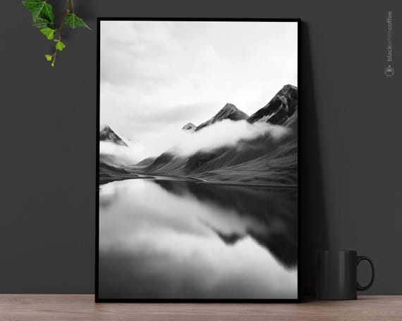 Misty Mountain Lake Black And White Art Print