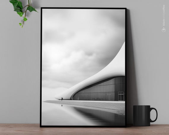 Modern Building Inspired By Heydar Aliyev Centre Black And White Art Architecture Poster