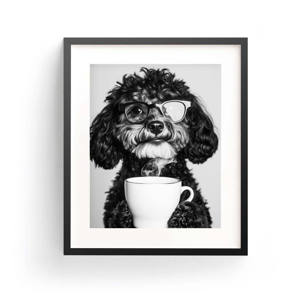 Curly Cockapoo Wearing Eyeglasses Holding A Steaming Coffee Mug Poster