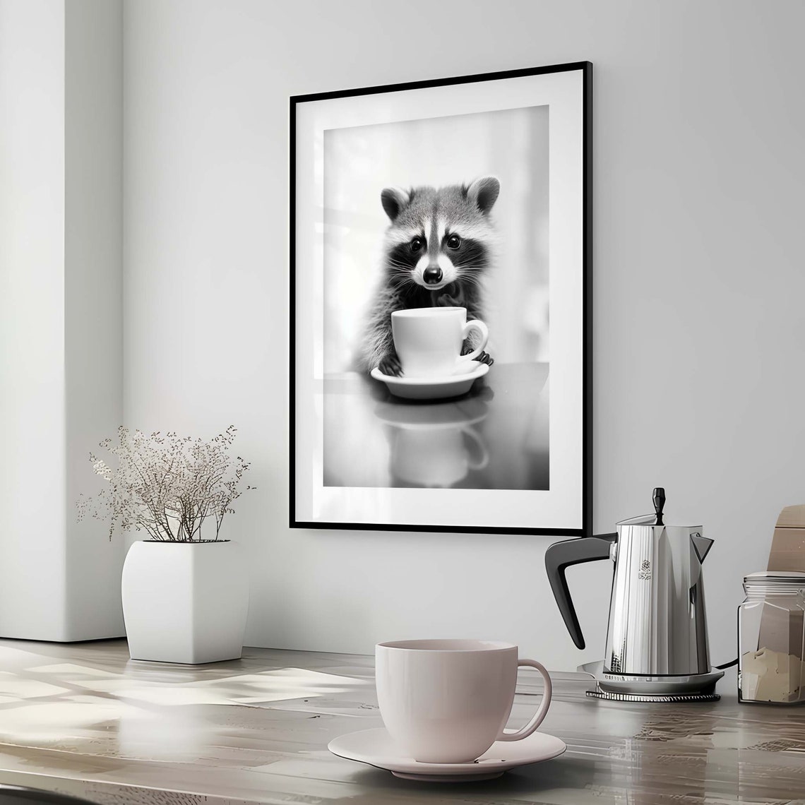 Adorable Raccoon Holding Coffee Cup Black White Animal Poster - Image 2