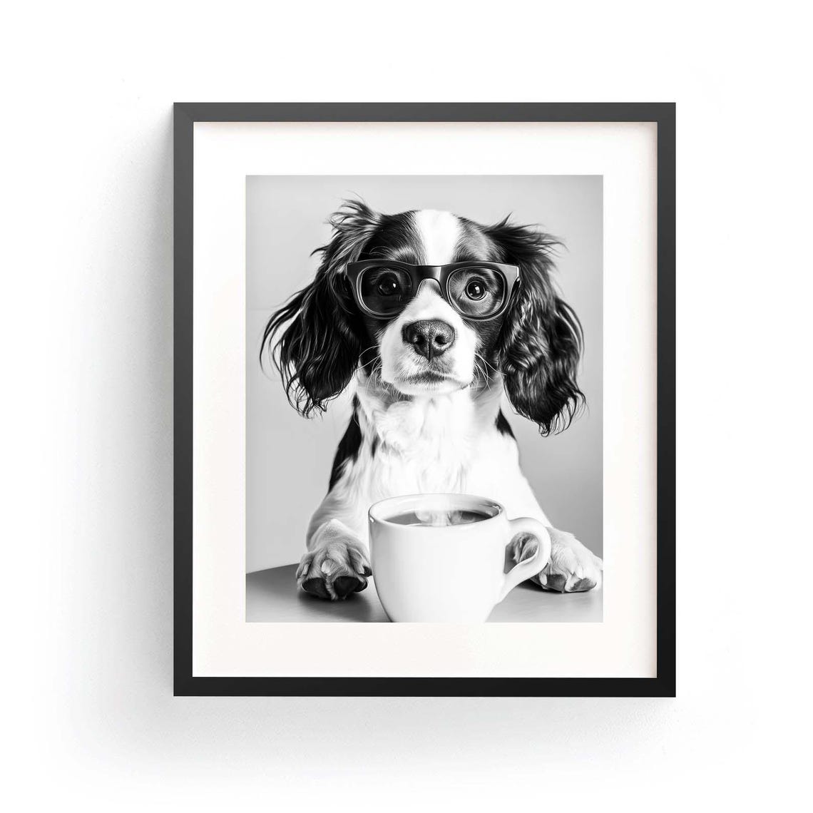 Black And White Springer Spaniel Puppy With Glasses And Coffee Poster