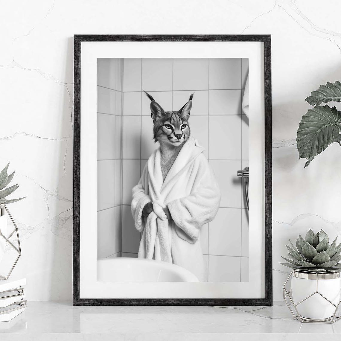 Caracal Cat Wrapped in Bathrobe Funny Bathroom Animal Poster - Image 2