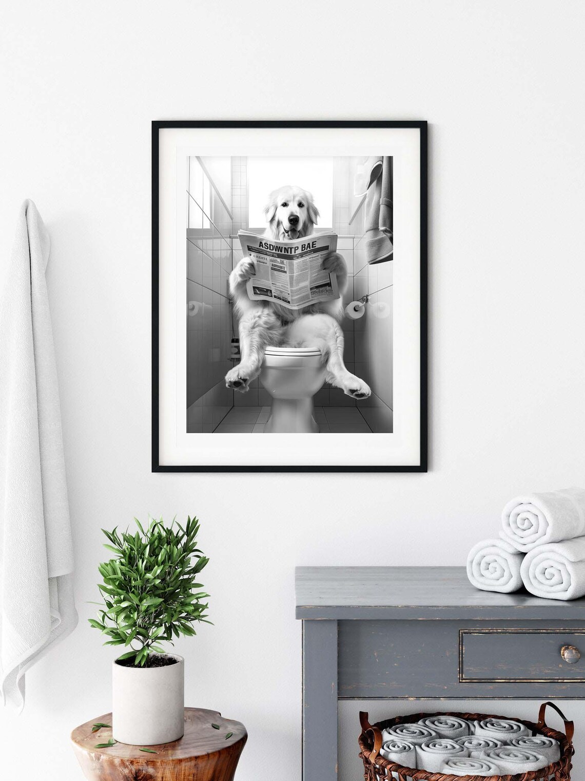 Great Pyrenees Reading Newspaper on Toilet Funny Bathroom Dog Poster - Image 3
