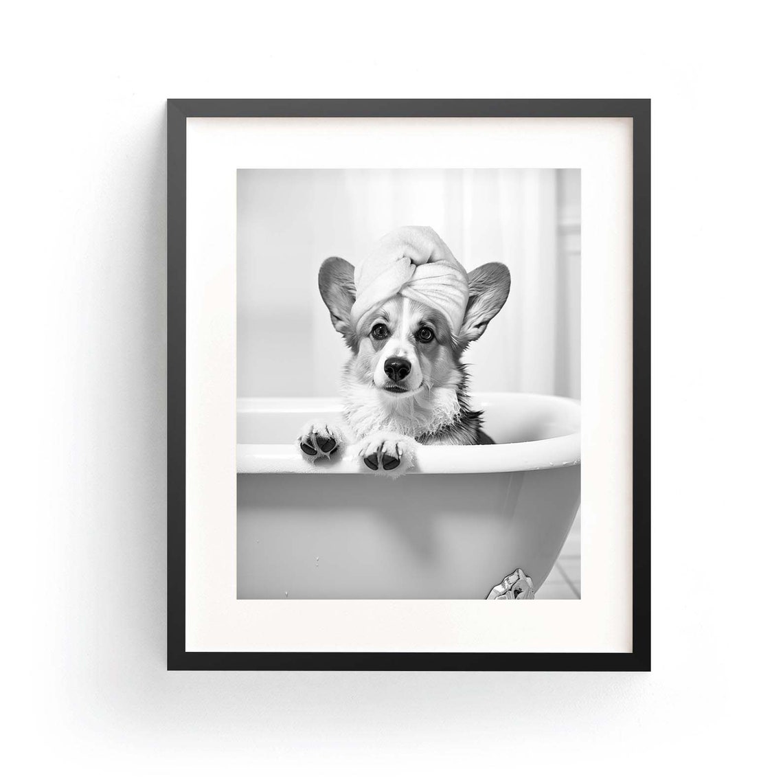 Cute Corgi Puppy In Bathtub With Towel Black White Funny Poster