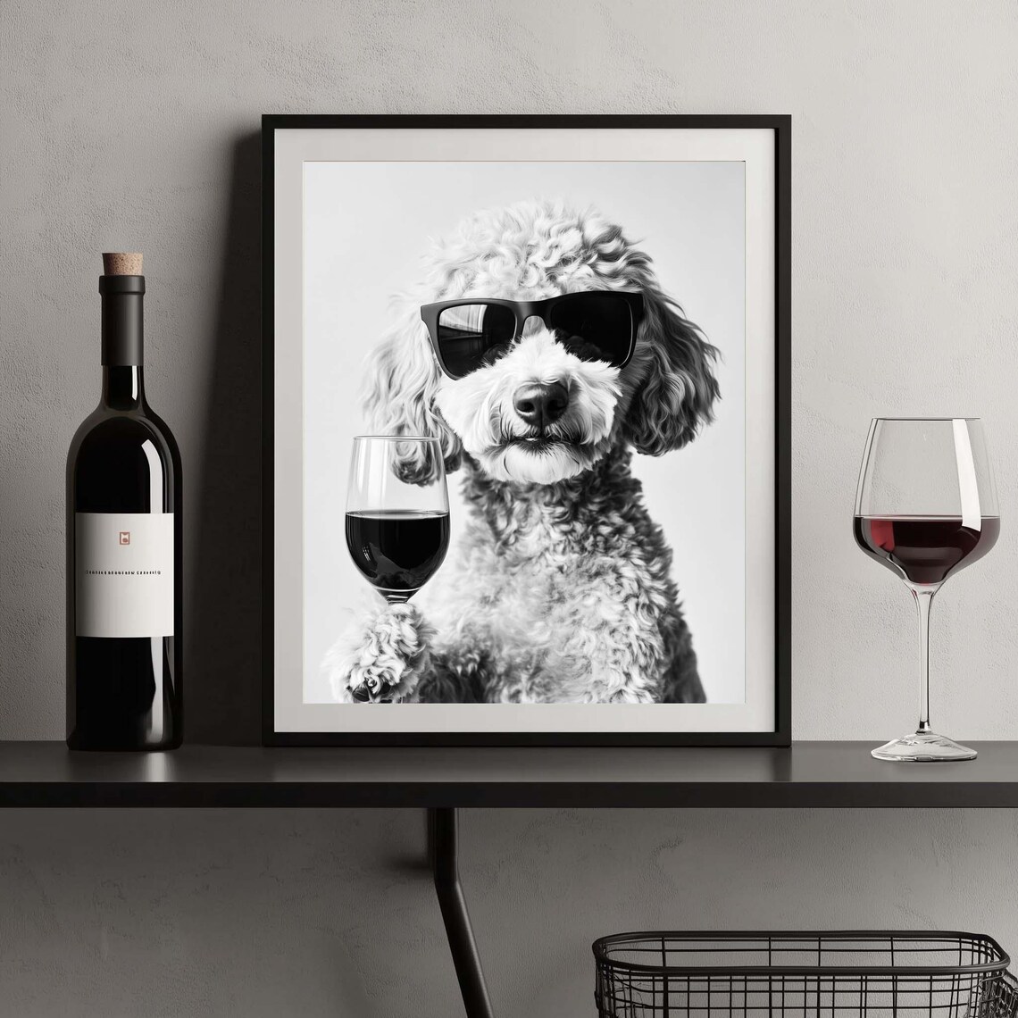 Cream Goldendoodle In Sunglasses Holding A Glass Of Red Wine Poster - Image 2
