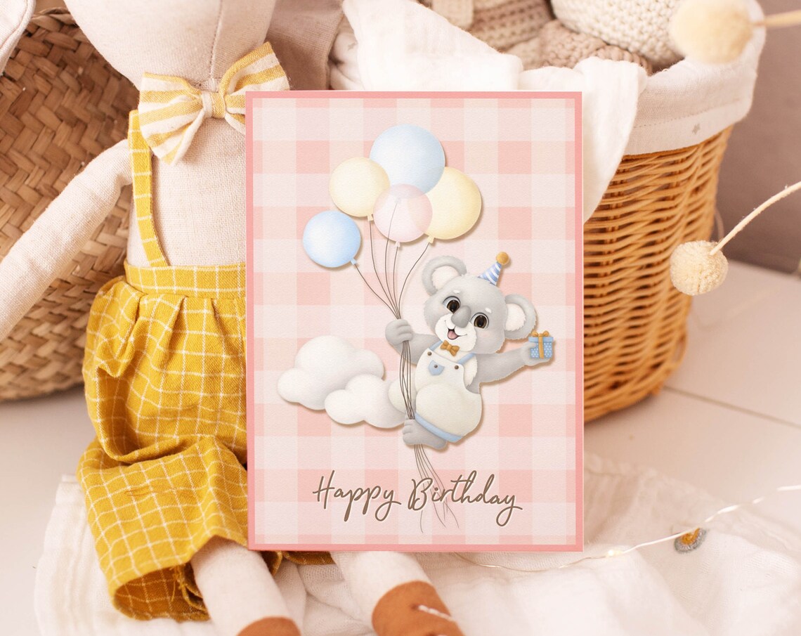 Pink Baby Koala Happy Birthday Balloons Greeting Card Art Print