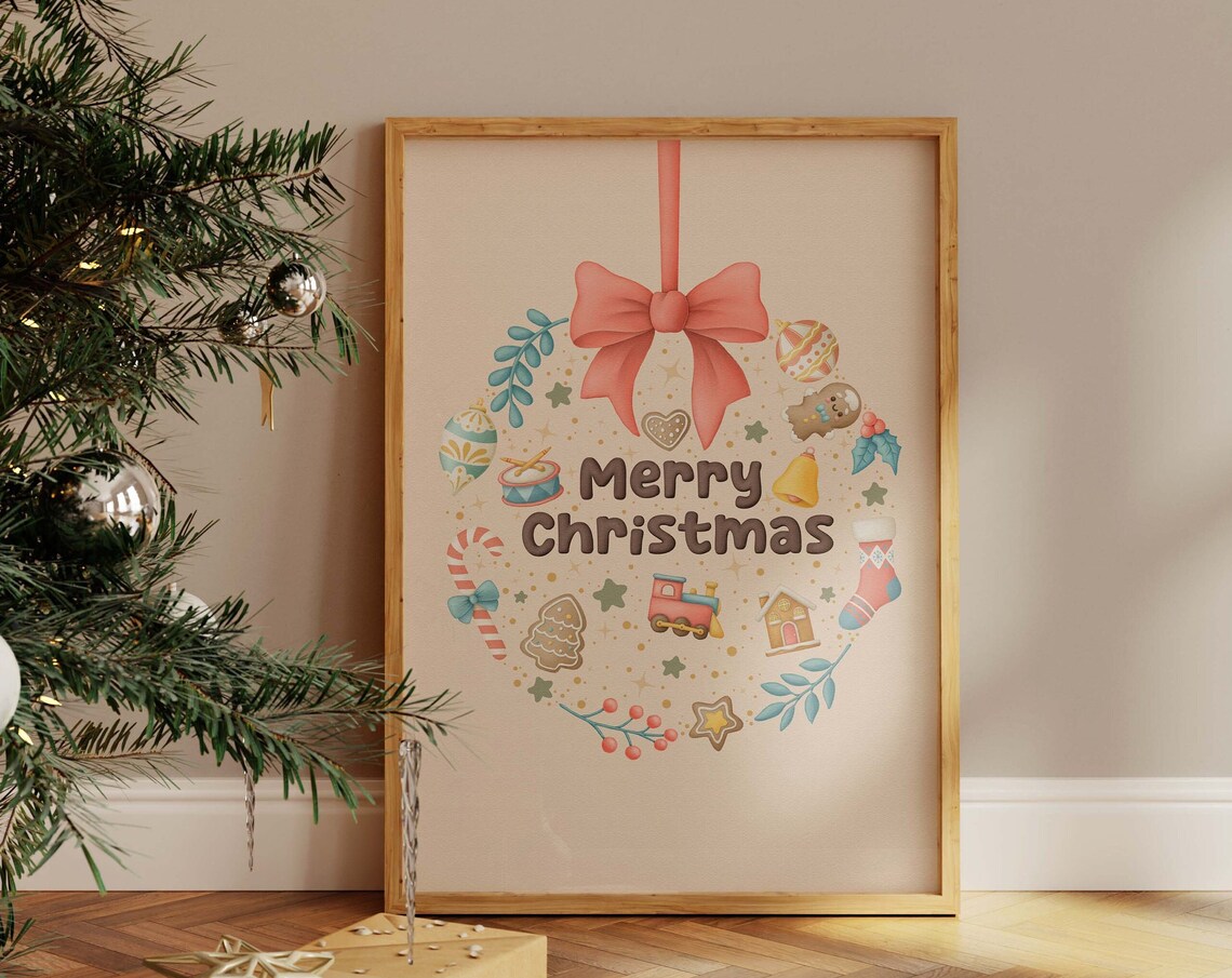 Merry Christmas Doodle Wreath Beige Cozy Holiday Nursery Poster