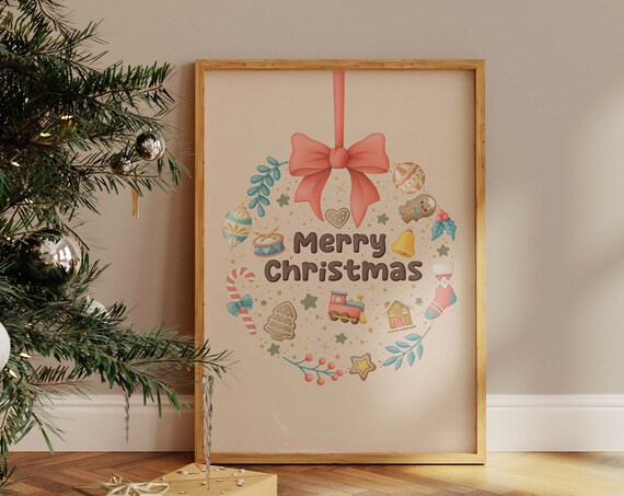 Merry Christmas Doodle Wreath Beige Cozy Holiday Nursery Poster