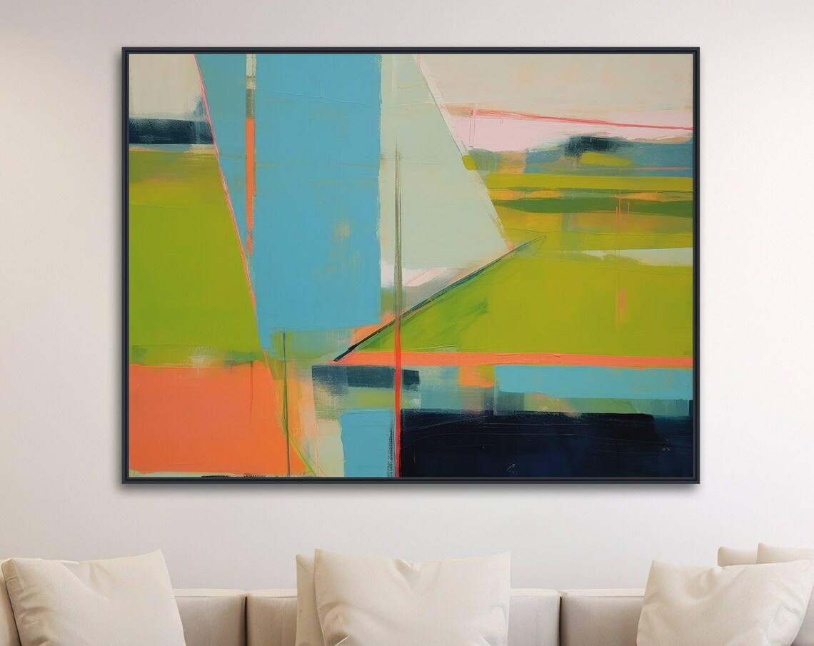 Large Abstract Wall Art Framed Print Modern Abstract Painting Extra Large Teal Green Orange Artwork Vista 2