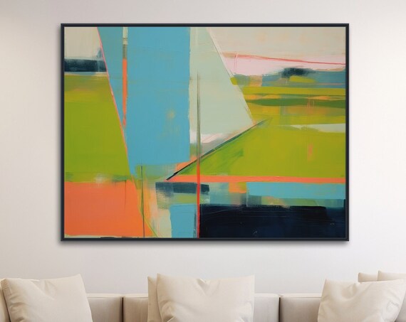 Large Abstract Wall Art Framed Print Modern Abstract Painting Extra Large Teal Green Orange Artwork Vista 2