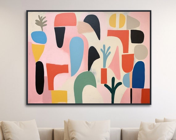 Boho Abstract Wall Art Primitive Simple Shapes Modern Geometric Organic Pastel Painting Large Print Or Framed Lets Dance