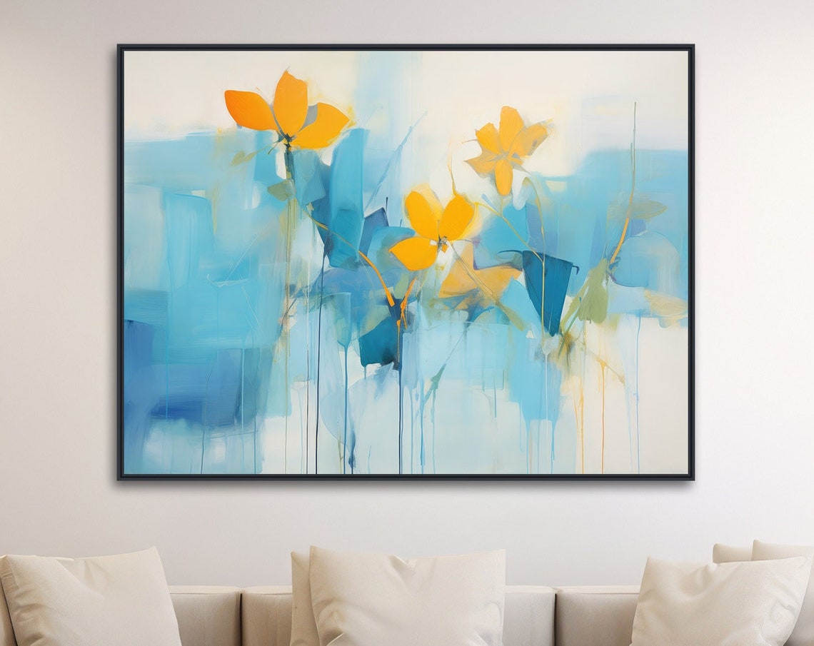 Abstract Blue Wash Yellow Flowers Impressionist Floral Art Poster