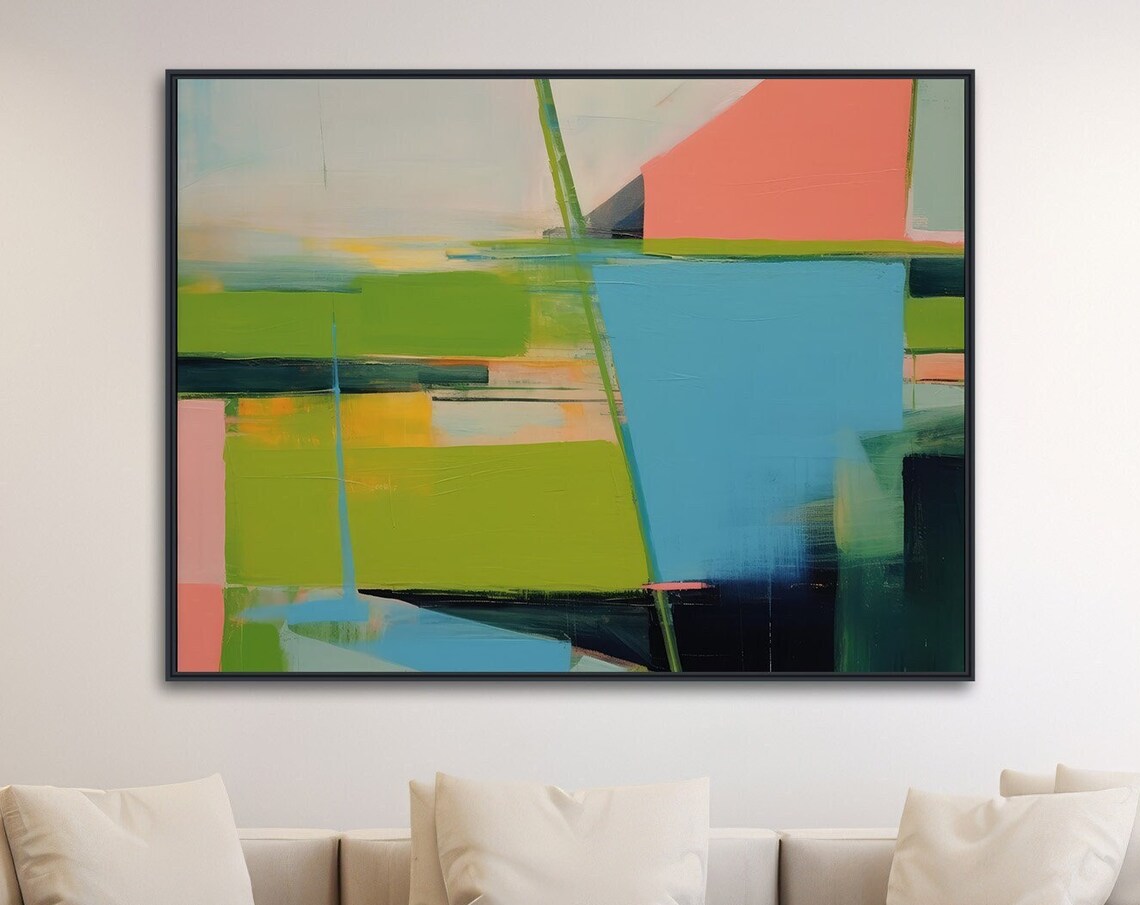 Large Abstract Wall Art Framed Print Modern Abstract Painting Extra Large Teal Green Orange Artwork Vista 3
