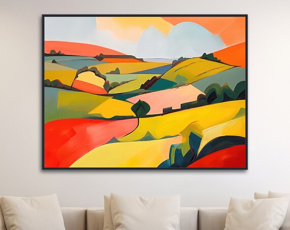 Large Abstract Landscape Wall Art Framed Print Modern Landscape Painting Extra Large Artwork Orange Hillside 2