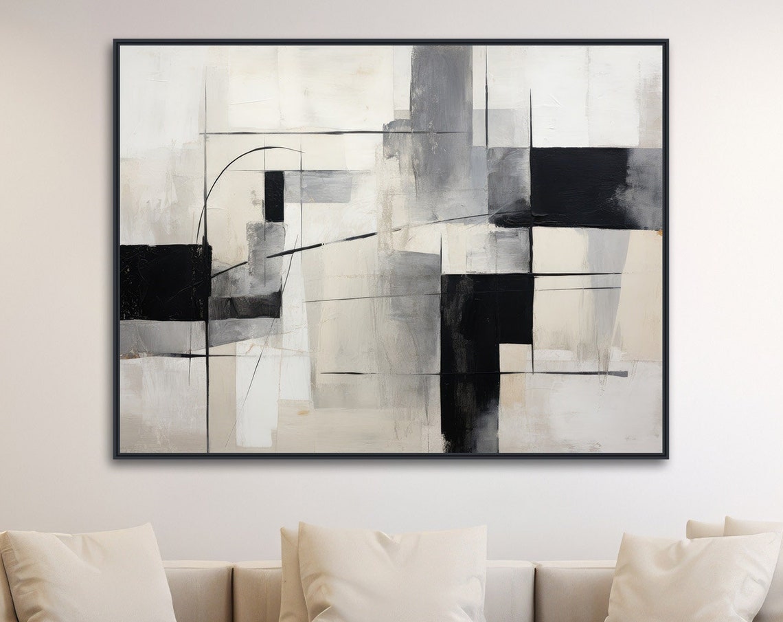 Large Geometric Wall Art Framed Print Modern Abstract Painting Large Geometric Artwork Black And White Turn Left