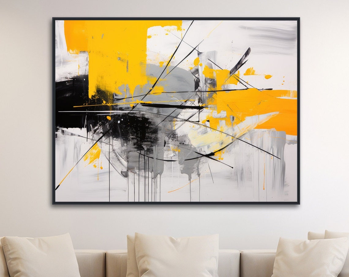 Yellow Black White Bold Abstract Expressionist Modern Dynamic Wall Art