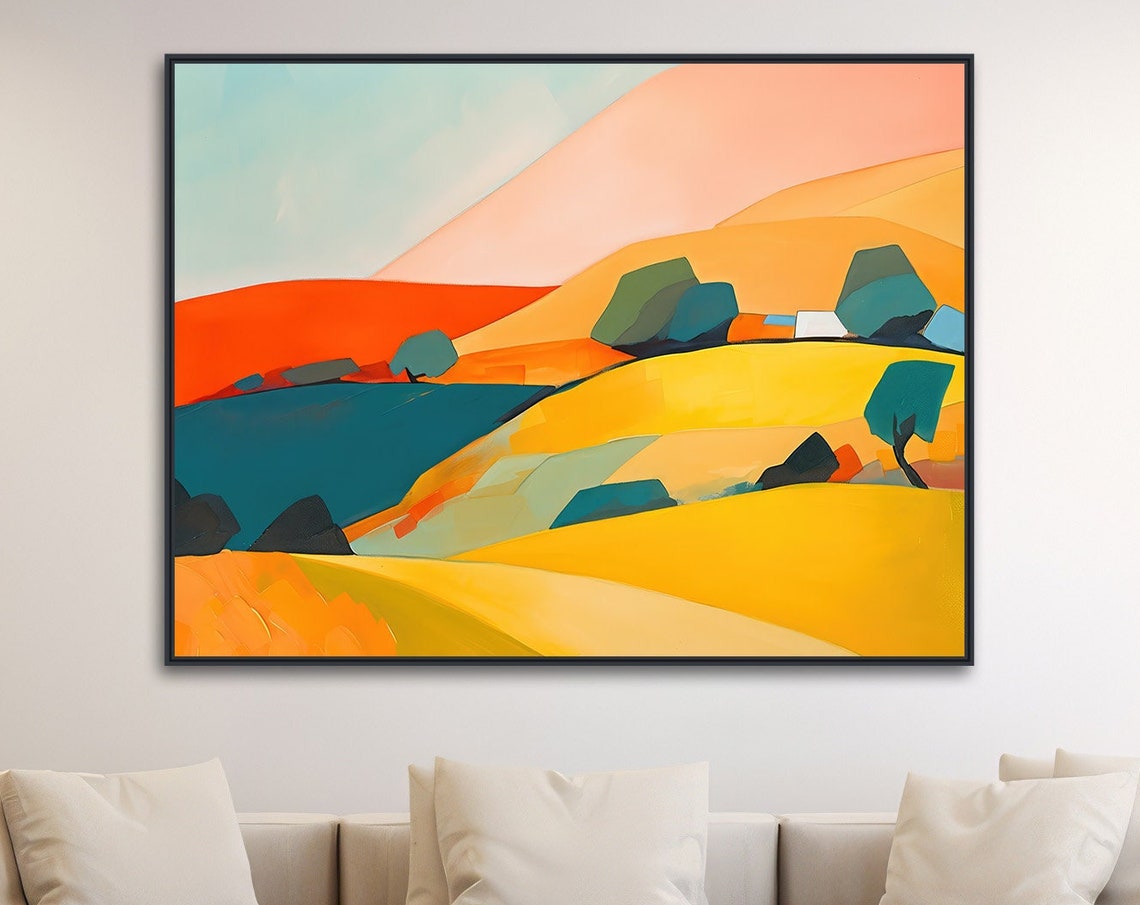 Elegant Teal And Gold Abstract Rolling Hills Under Peach Sky Poster
