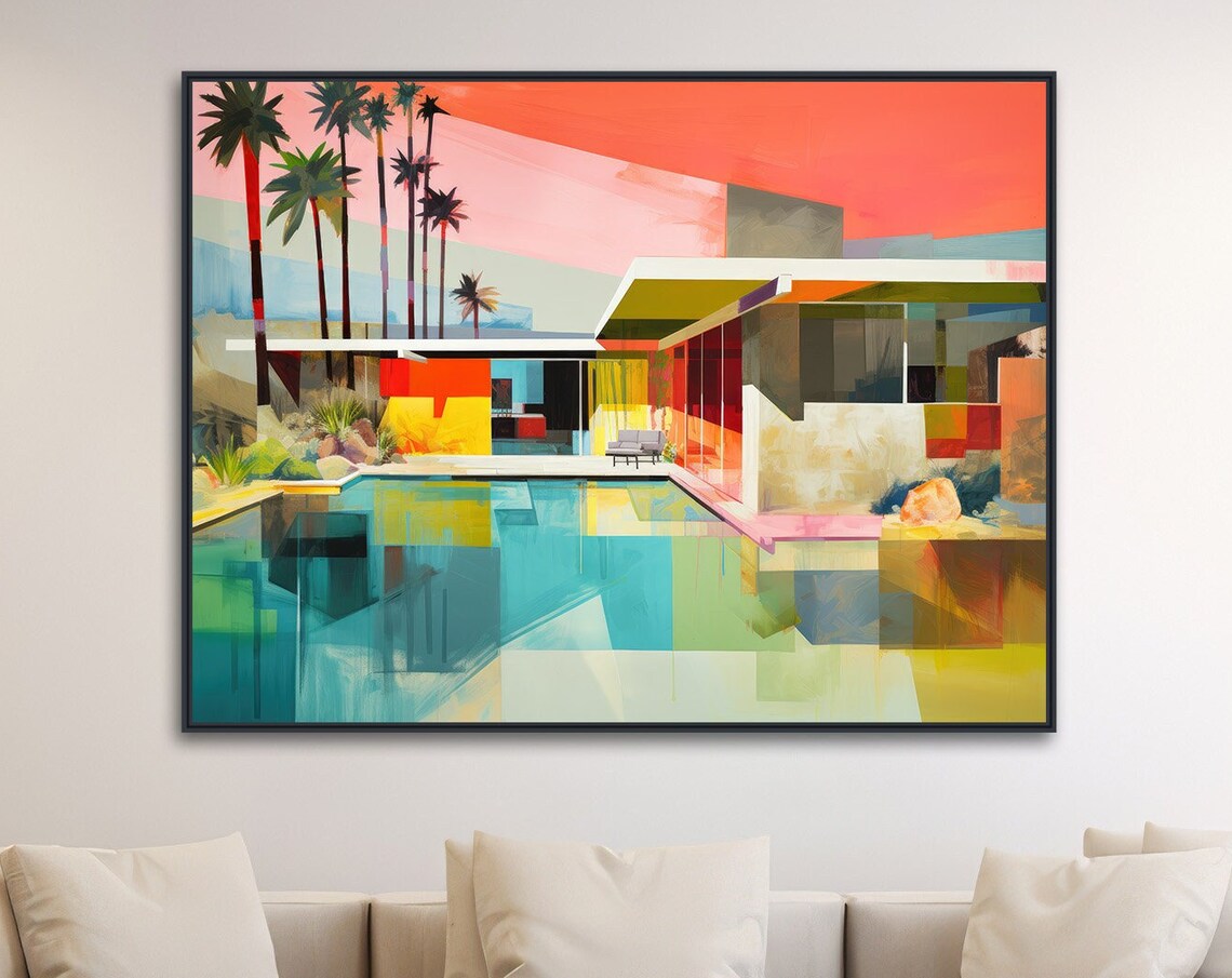 Palm Springs Mid Century Modern House Pool Painting Retro Wall Poster