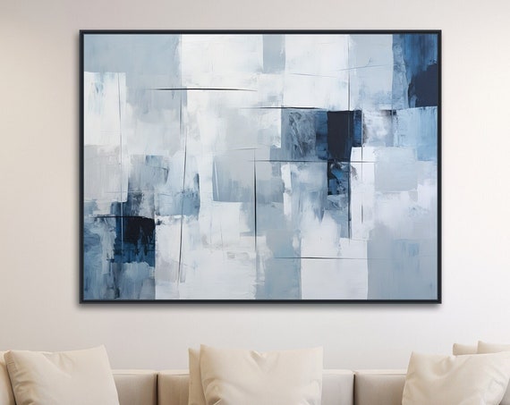 Large Abstract Wall Art Framed Print Modern Abstract Painting Extra Large Light Blue Dark Blue Artwork Cloudy Day