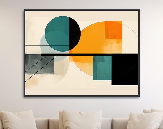 Large Geometric Minimal Wall Art Framed Print Mid Century Modern Abstract Art Teal Orange Beige Black Tranquil Balance 1