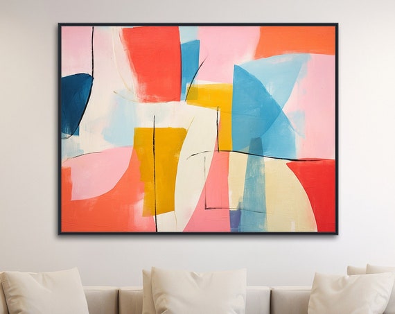 Large Minimal Pastel Painting Modern Abstract Wall Art Framed Print Pink Peach Blue Yellow Color Ballet 2