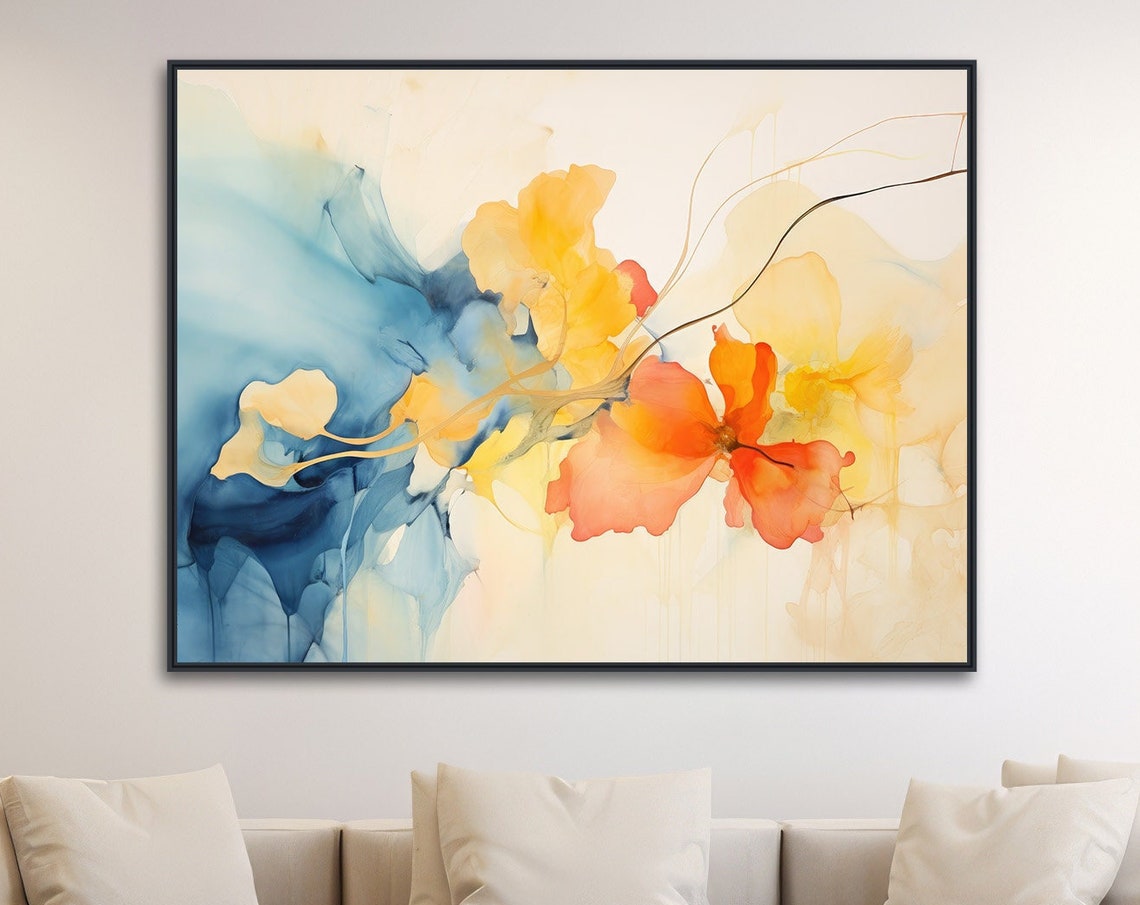 Soft Blue Yellow Orange Watercolor Flowers Abstract Floral Poster