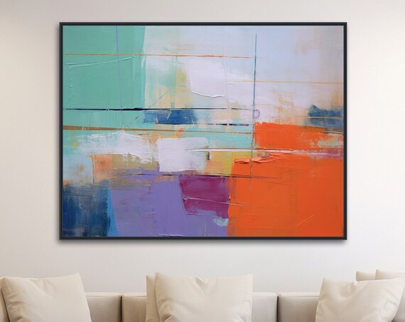 Large Abstract Wall Art Framed Print Modern Abstract Painting Extra Large Orange Teal Artwork Elusive