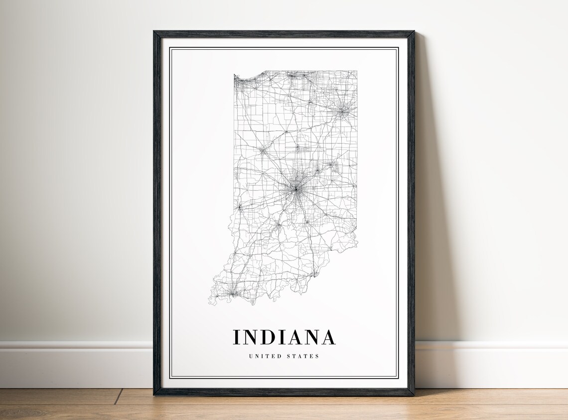 Indiana State Map Poster, Black and White Travel Print