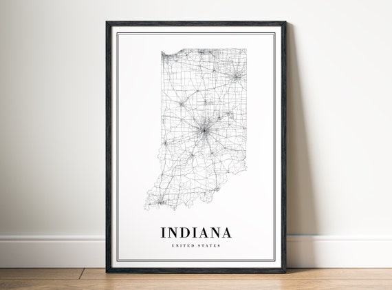 Indiana State Map Poster, Black and White Travel Print