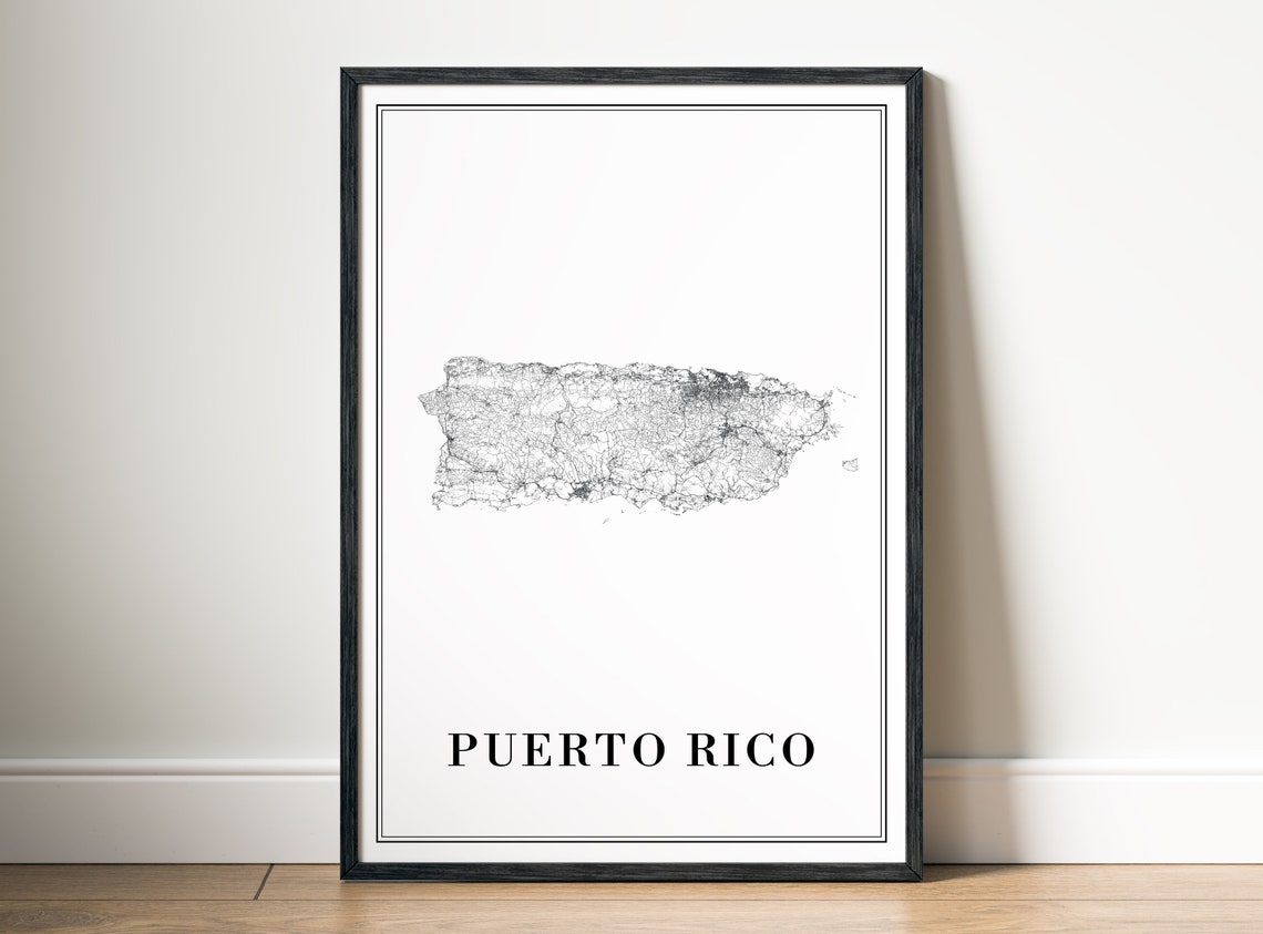 Puerto Rico Black and White Road Map Island Outline Detail Poster