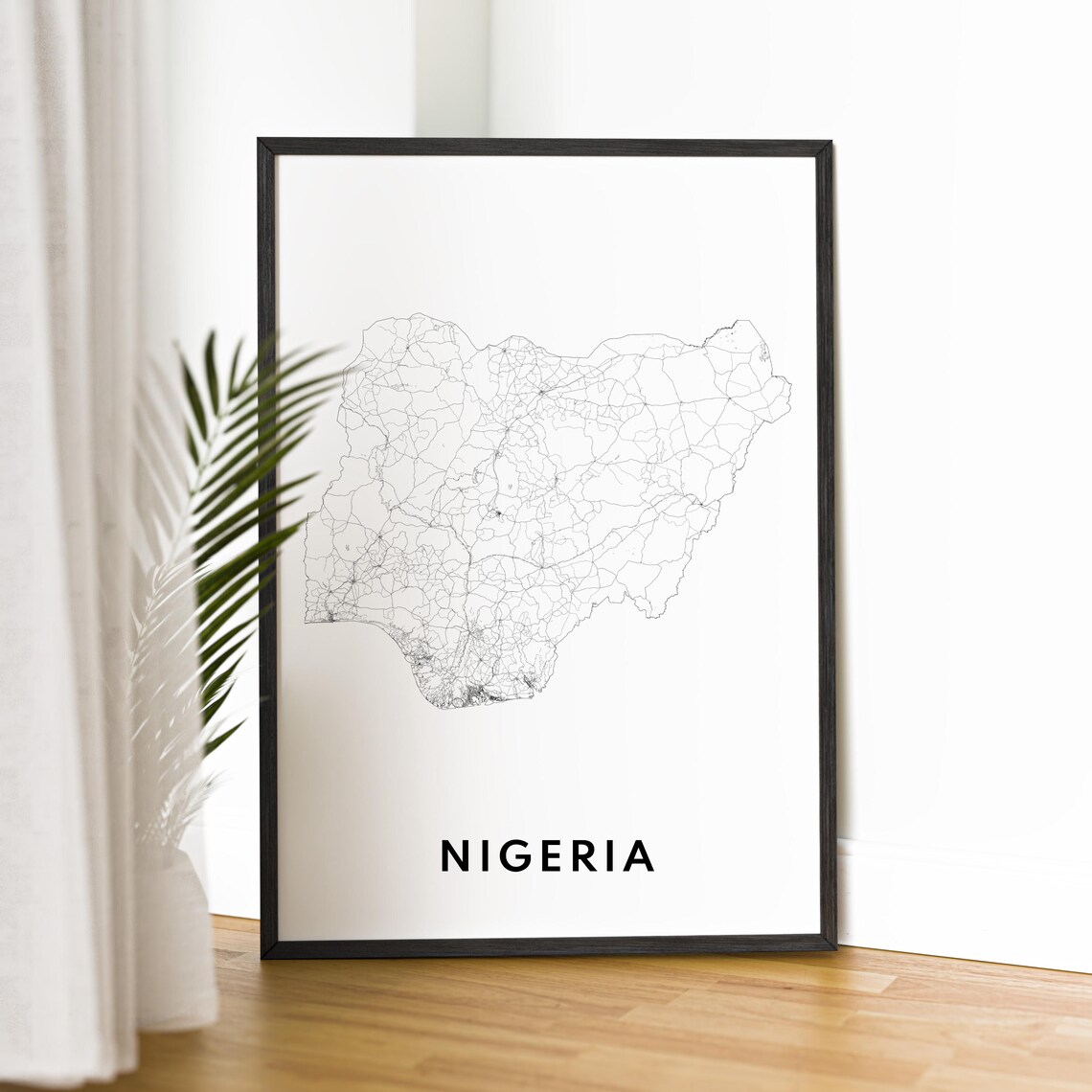 Nigeria Country Outline Black And White Minimalist Map Line Art Poster - Image 2
