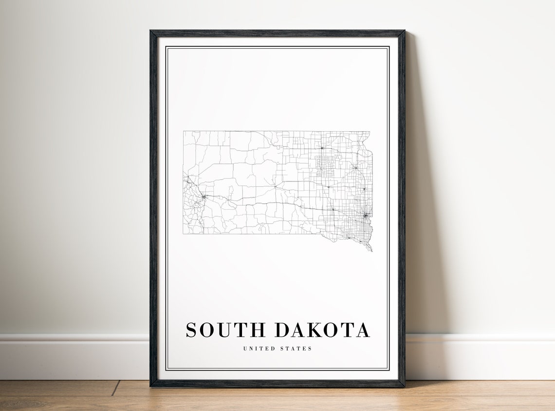 South Dakota State Road Map Minimalist Black White Art Poster