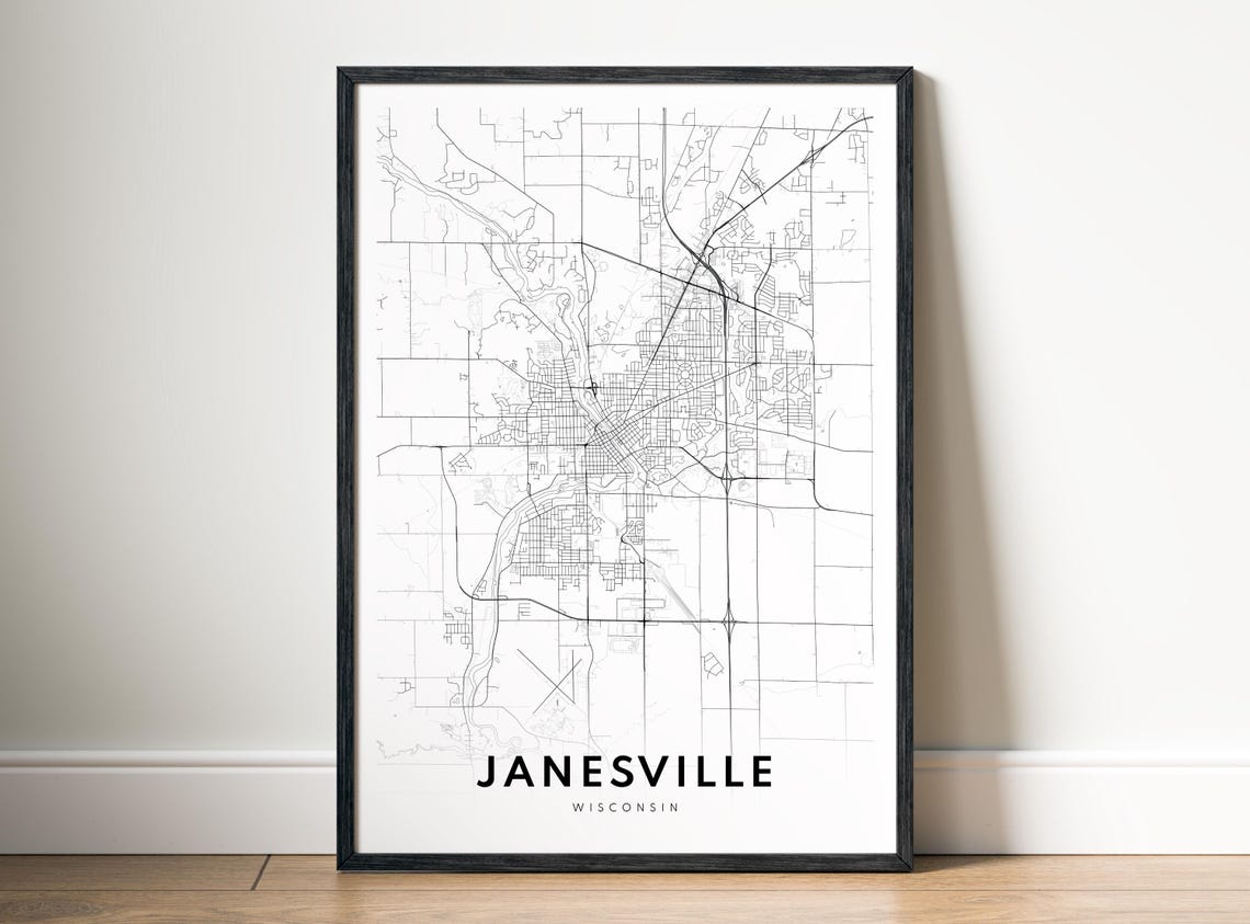 Janesville Wisconsin City Street Map Minimalist Black White Poster