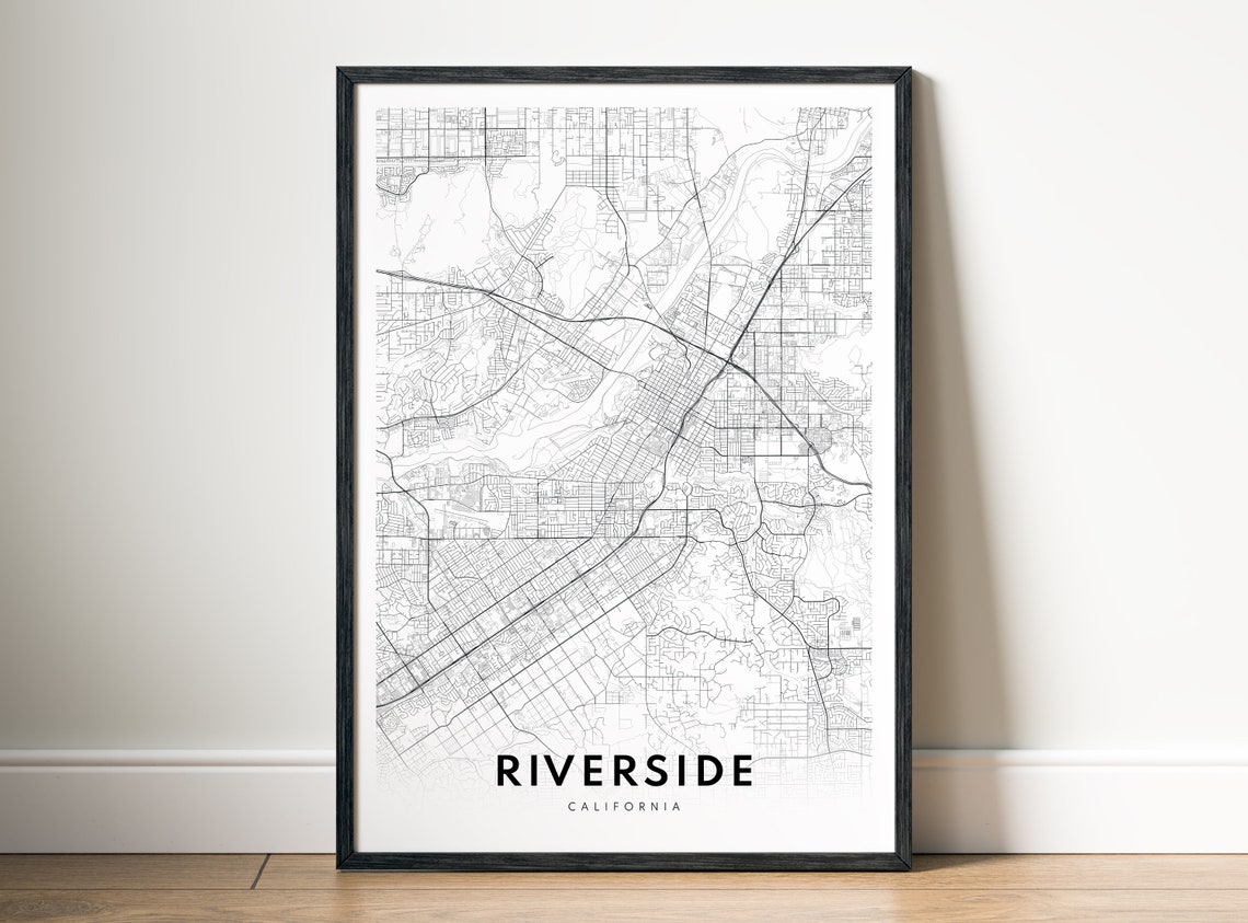 Riverside California Minimalist Line Art City Map Black White Wall Art