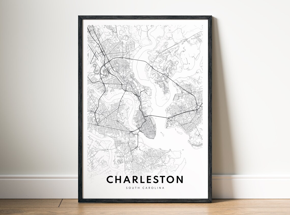 Charleston South Carolina Map Art Print, Black And White