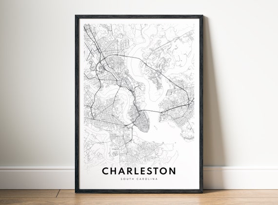 Charleston South Carolina Map Art Print, Black And White
