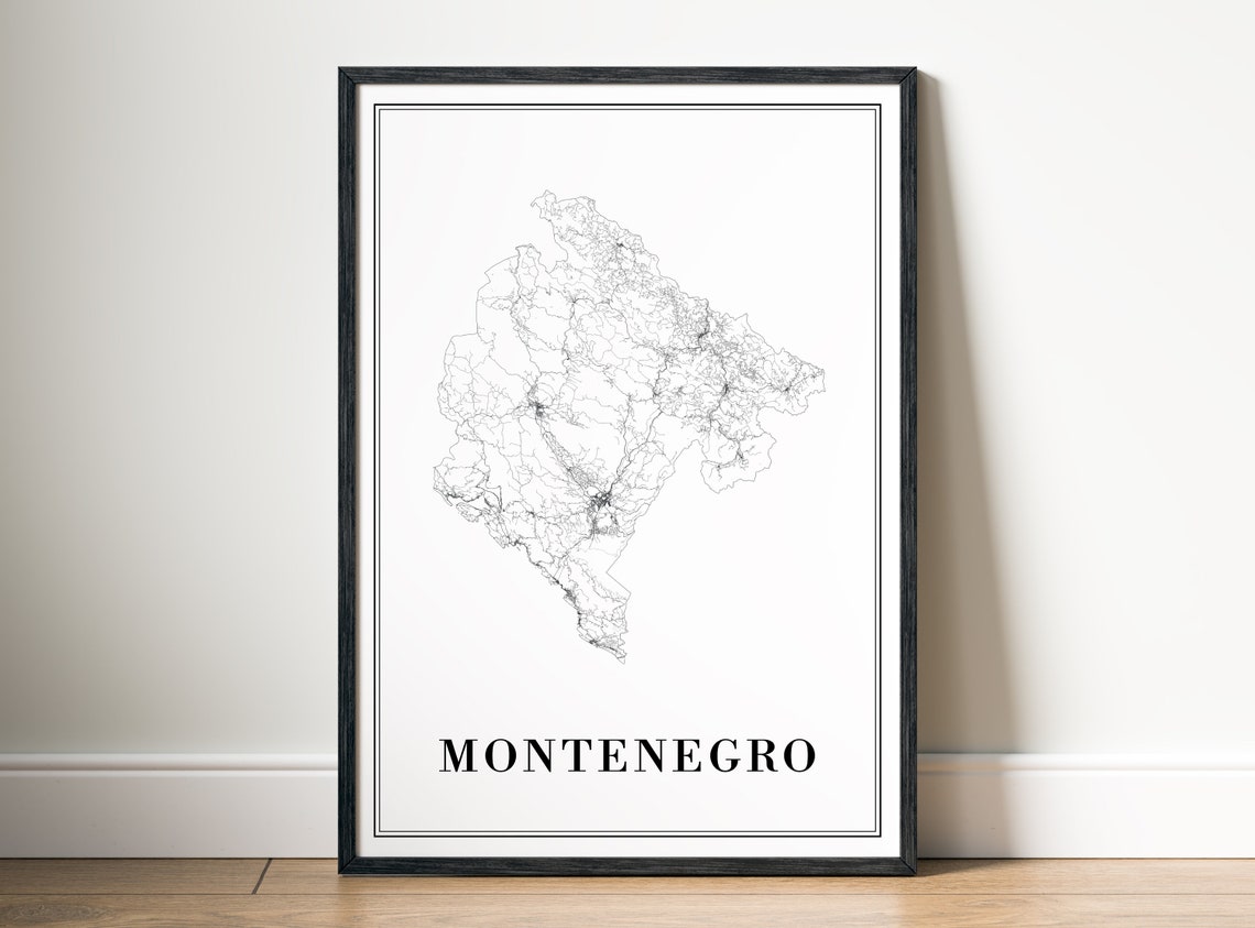 Montenegro Country Road Map Minimalist Black And White Wall Art