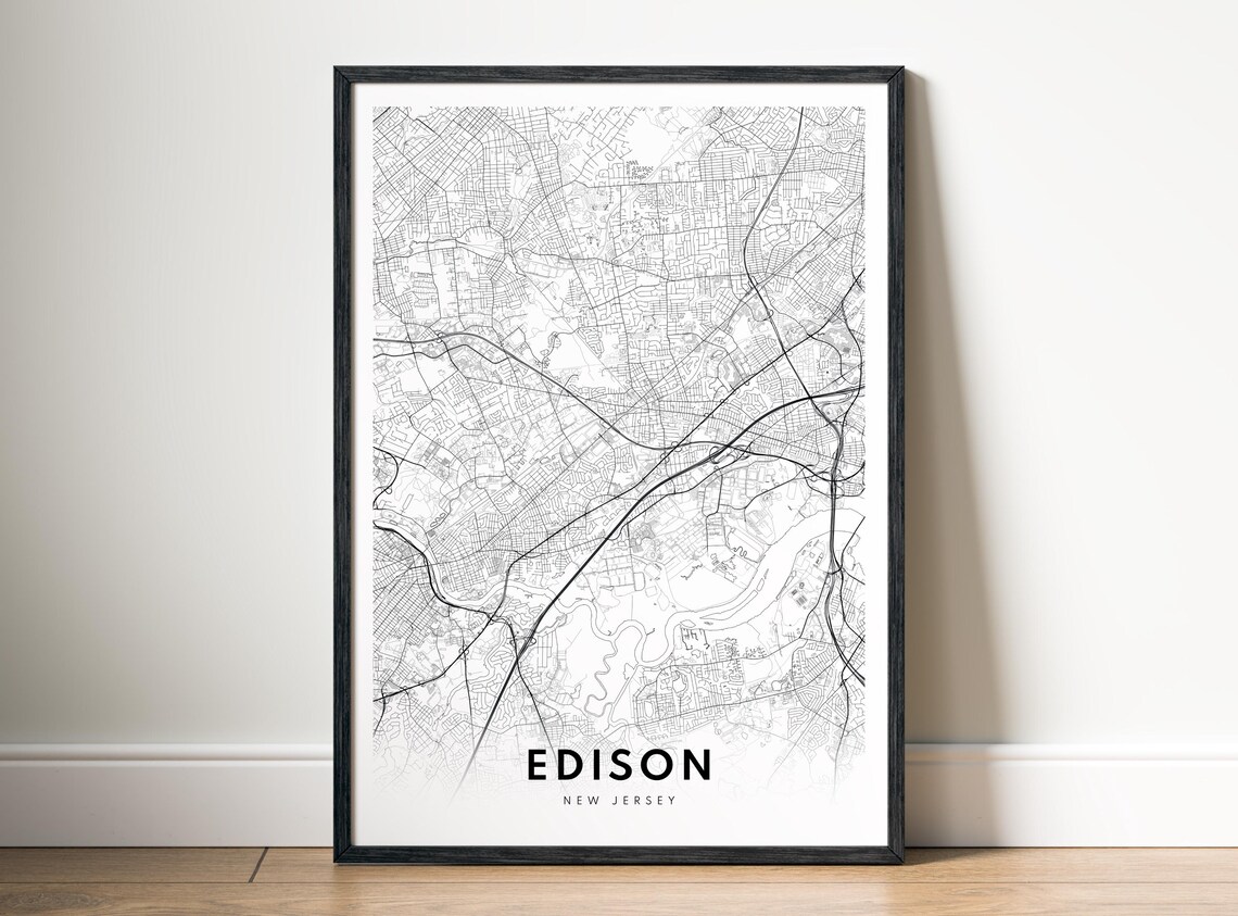 Edison Nj City Map Poster New Jersey Black And White Minimalist Print