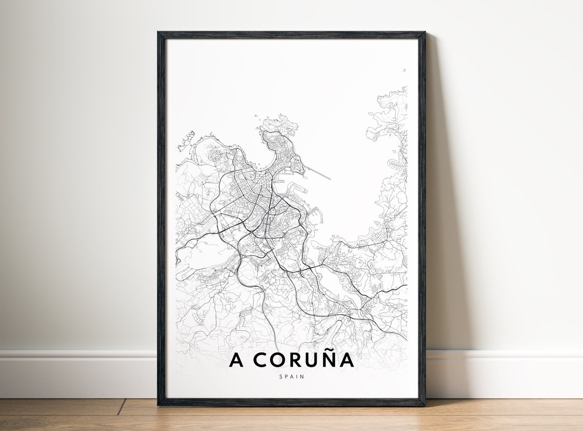 A Coruna Spain Minimalist Black And White Coastal City Map Poster