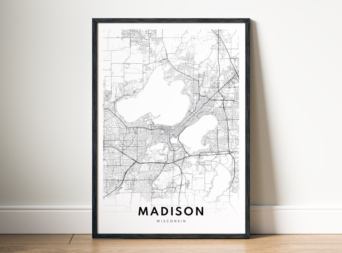 Madison Wisconsin Minimalist Black and White Lakes City Map Poster