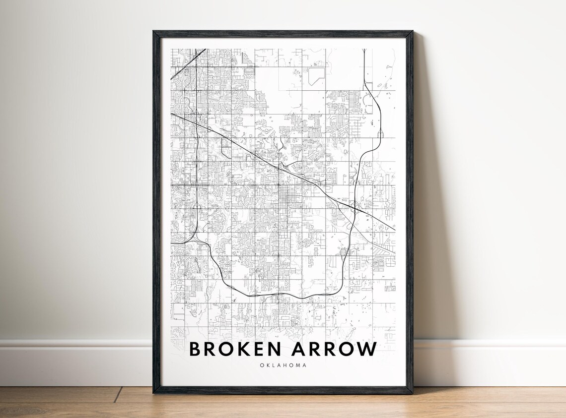 Broken Arrow Map Print Oklahoma Poster Black And White Art Sketch