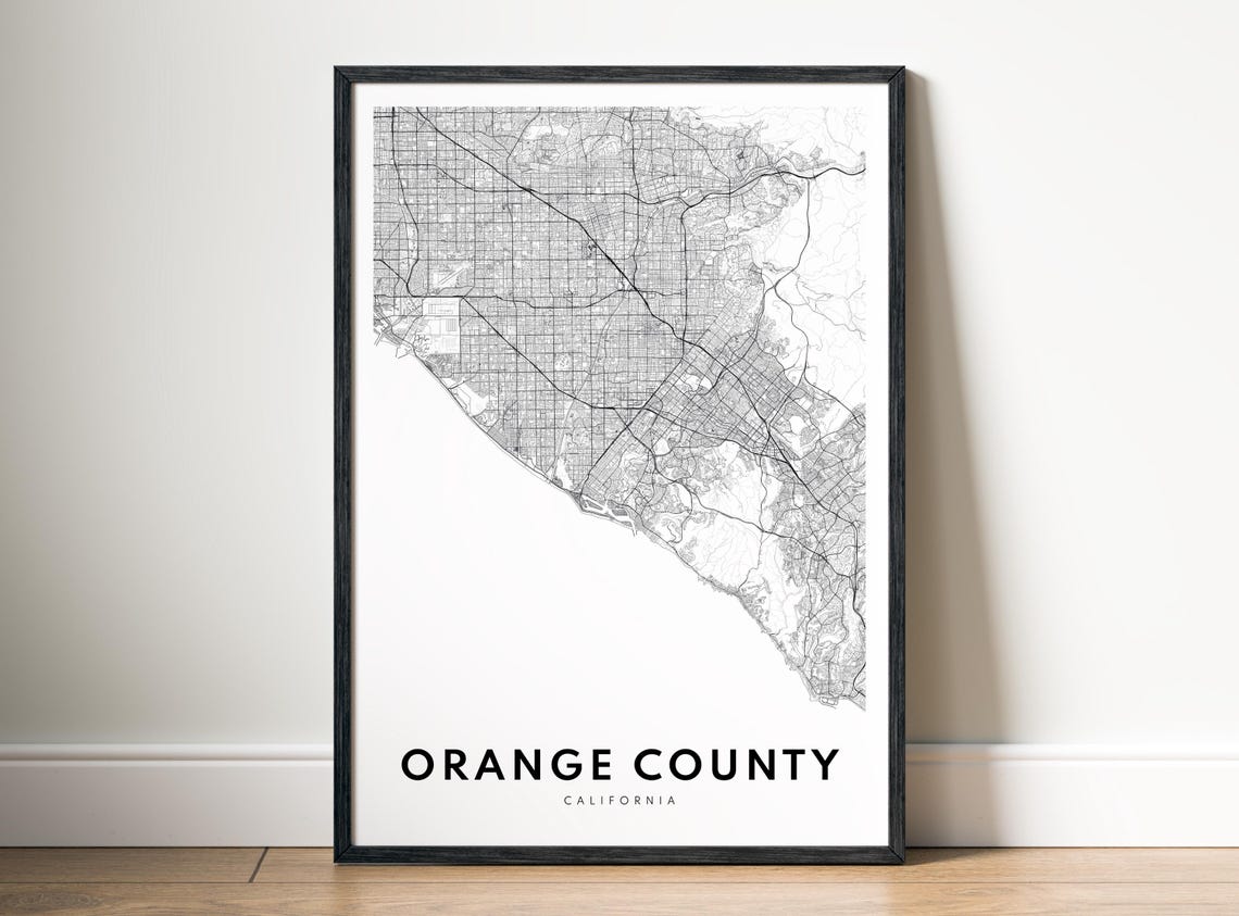 Orange County California Black And White Minimalist Street Map Poster