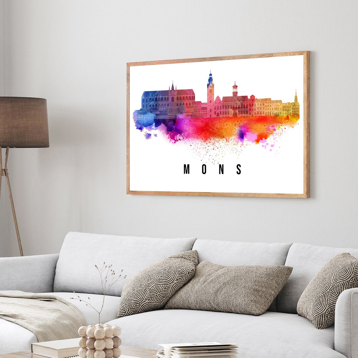 Mons Belgium Colorful Watercolor Skyline Cityscape Art Poster - Image 3