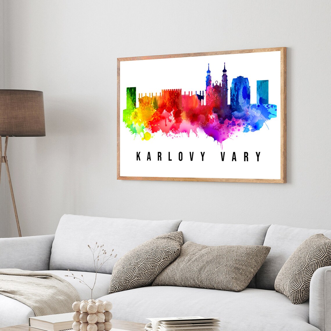 Karlovy Vary Czech Republic Rainbow Watercolor Skyline Art Poster - Image 4
