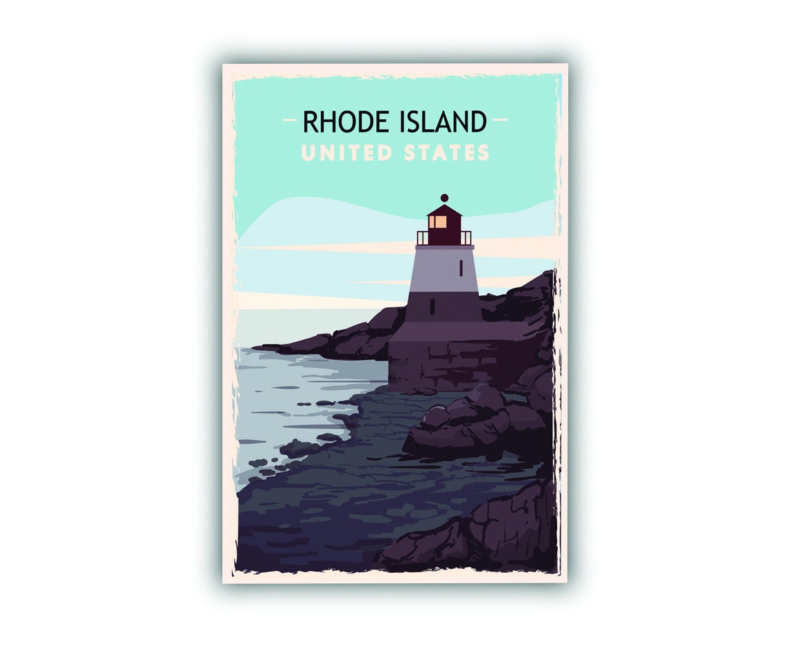 Rhode Island Retro Travel Poster Lighthouse Rocky Coast Scenic Print - Image 2