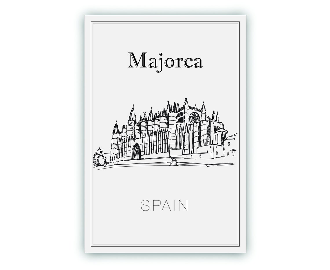 Majorca Spain Gothic Cathedral Rose Window Spires Sketch Travel Poster - Image 2