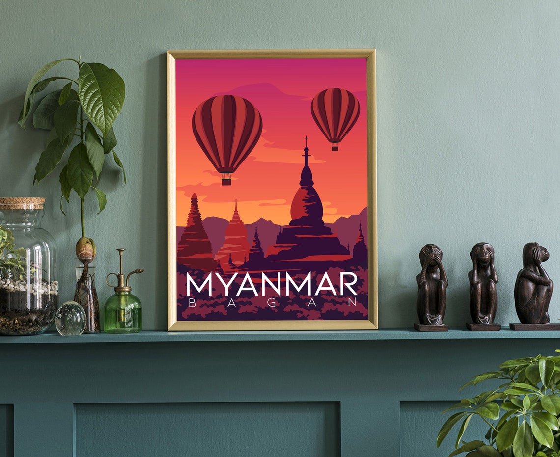 Bagan Myanmar Hot Air Balloons Temple Sunset Retro Travel Poster Print - Image 3
