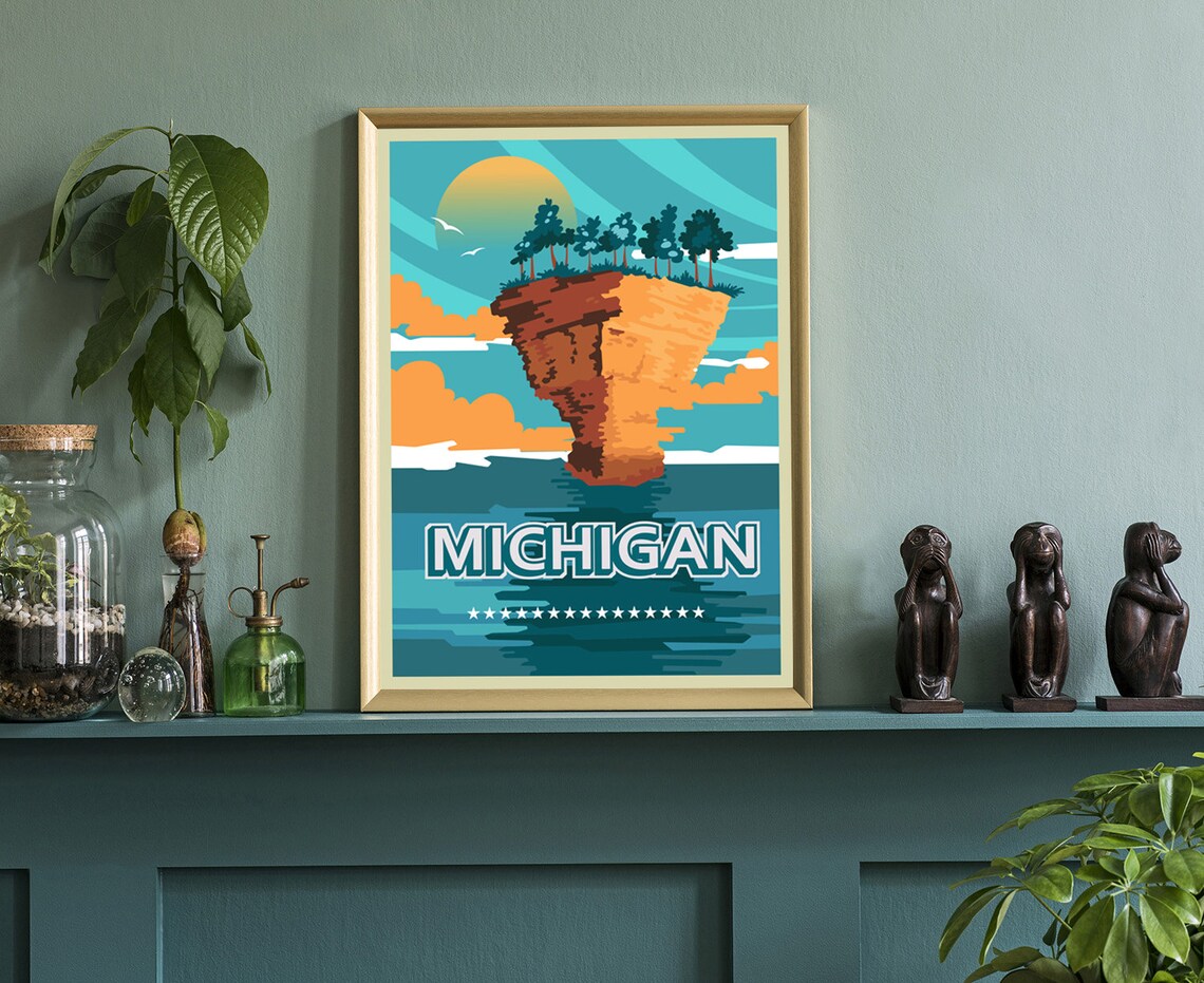 Michigan Retro Rocky Island Sunset Lake Vintage Travel Art Poster - Image 3