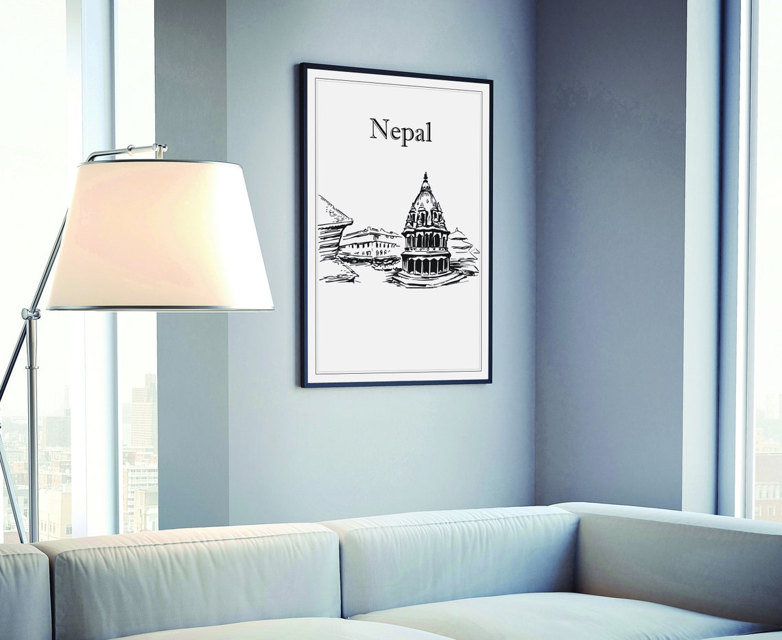 Nepal Hand Drawn Black White Temple Landmark Sketch Art Poster - Image 4